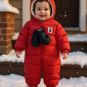 Warm Red Kids Snowsuit with Mittens